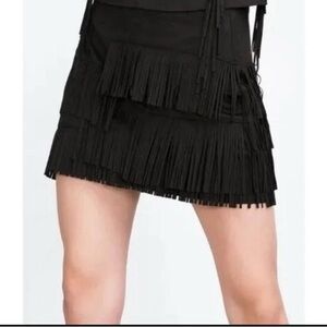 WD.NY  Black Faux Suede Two Tier Western Boho Fringe Lined Mini Skirt